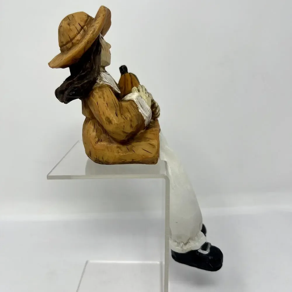 Vintage Pilgrim Shelf Sitter Woman Holding Pumpkin Fall Thanksgiving Decor 8